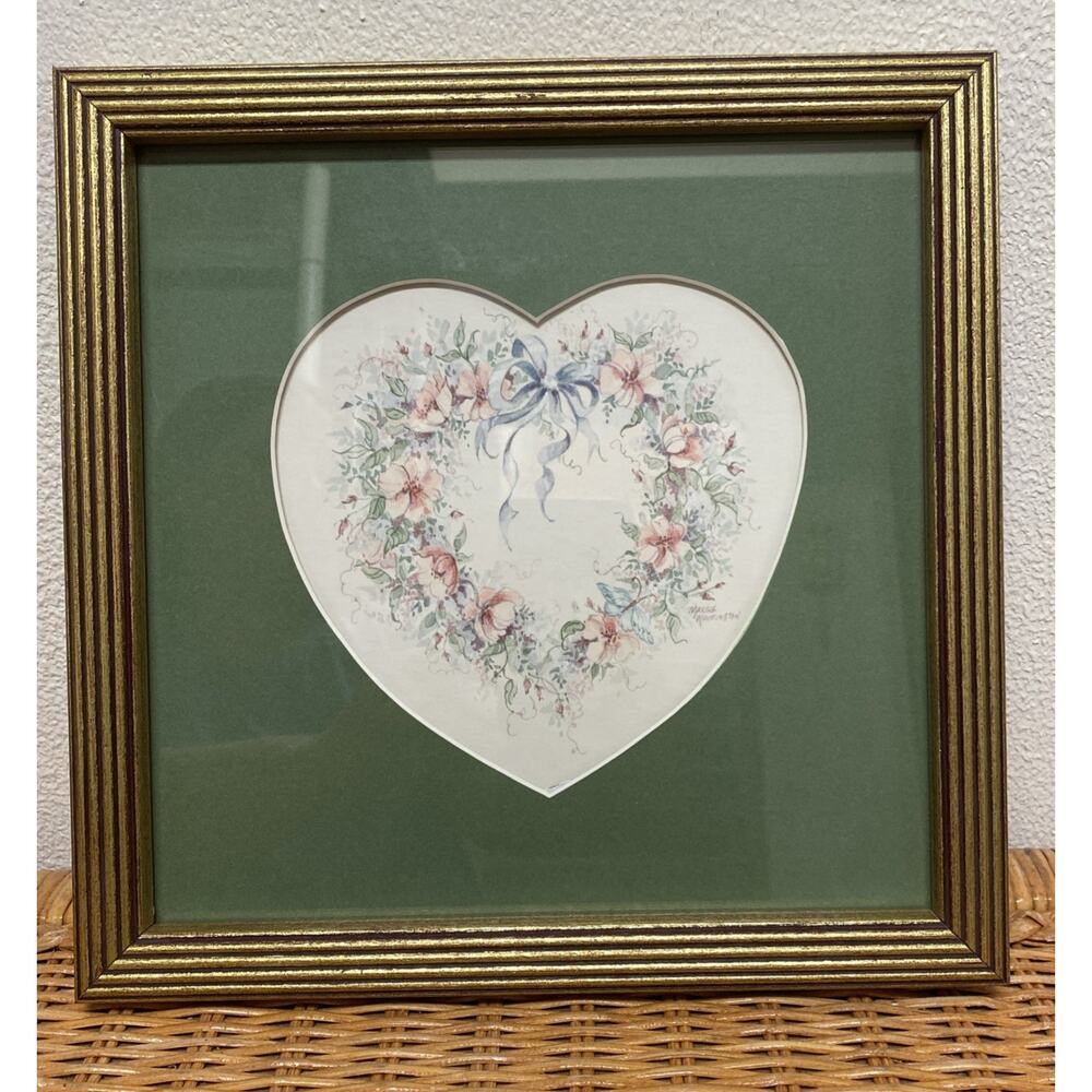 Vintage Framed Sage Matted Floral Heart Wreath Print Margie Whittington 10 X 10